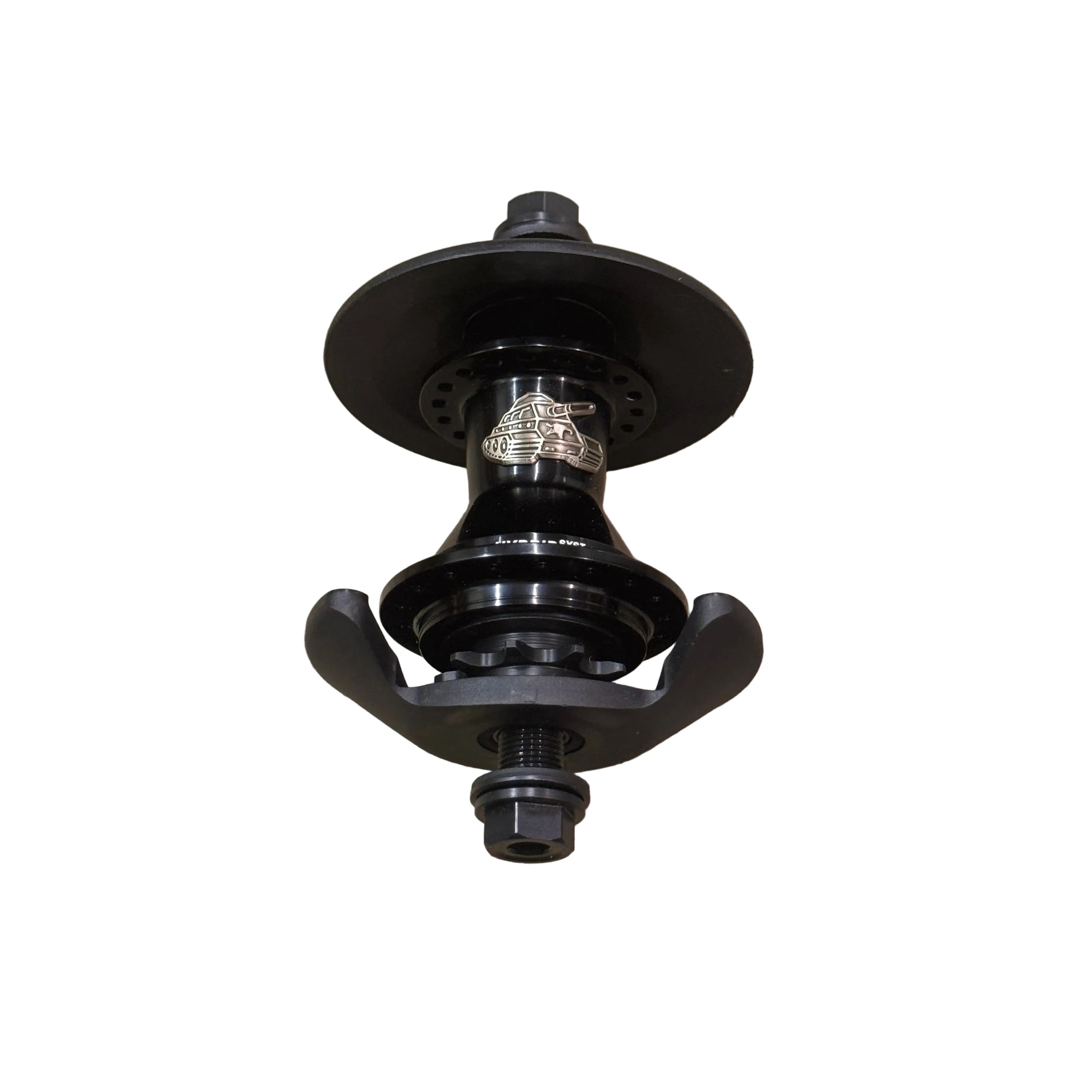 Animal Sherman Hybrid Rear Hub in black metal, shown from the side with bolts and axle, isolated on a white background. Includes hub guards for added protection.