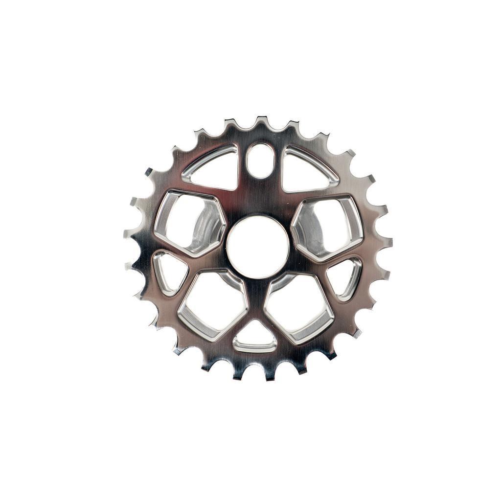 A close-up of the Colony RS6 Sprocket, a metallic BMX sprocket with 25 teeth, crafted from durable 7075T6 Alloy and featuring a central hole along with geometric cutouts, on a white background.