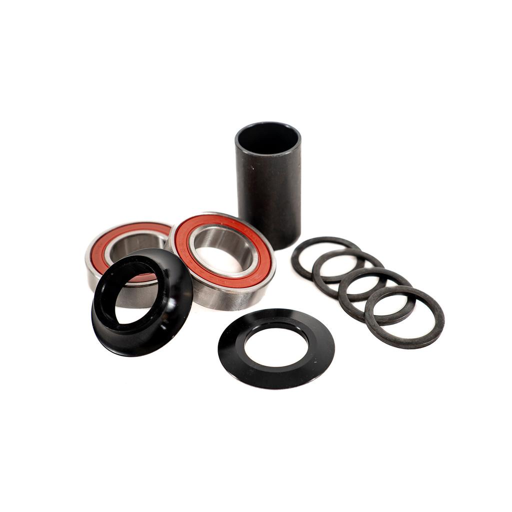 Family Mid Bottom Bracket (19mm) kit featuring two sealed bearings with red seals, a metal sleeve, two cone spacers, and four thin washers.