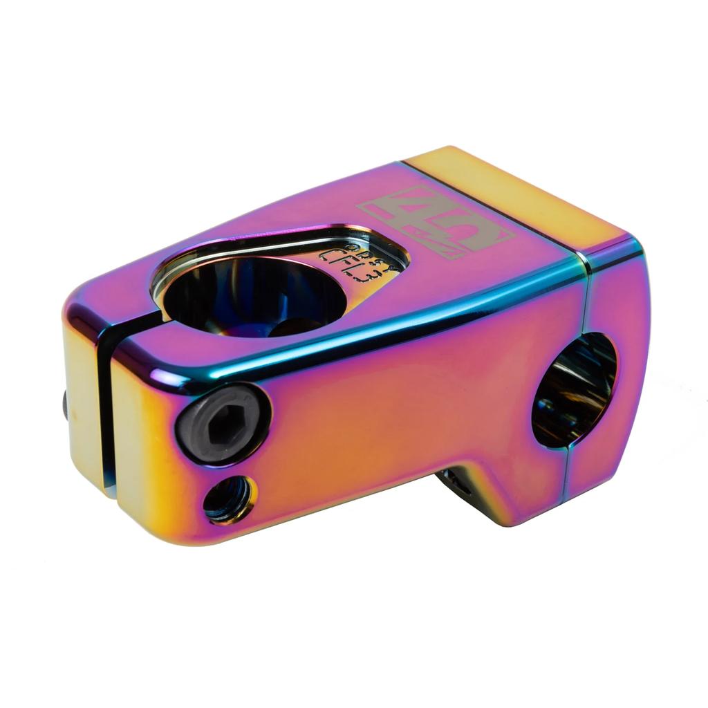 Celebrate with the limited edition Odyssey CFL3 40th Anniversary Front Load Stem, designed for BMX fans. Its multicolored metallic finish and multiple bolt holes highlight its reflective, compact, and angular design.