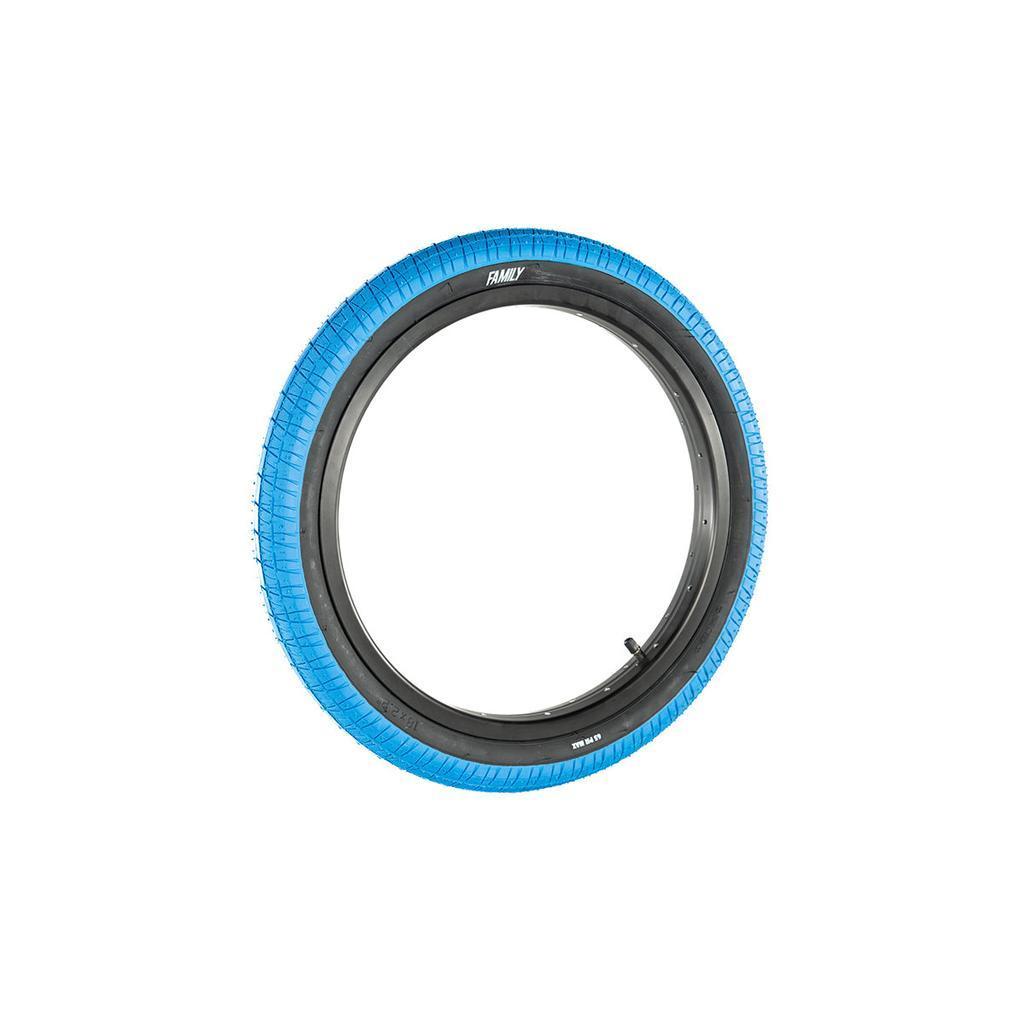 The Family BMX F603 18 Inch Tyre features a black inner rim and a bright blue, versatile tread pattern (18" x 2.2"), shown upright against a white background—perfect for BMX use.