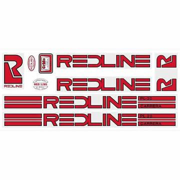 The Redline Retro PL20 Carrera Frame Decal Set features red and black logos inspired by vintage BMX decals, including designs from Carrera frame sets and Redline PL-20 models.