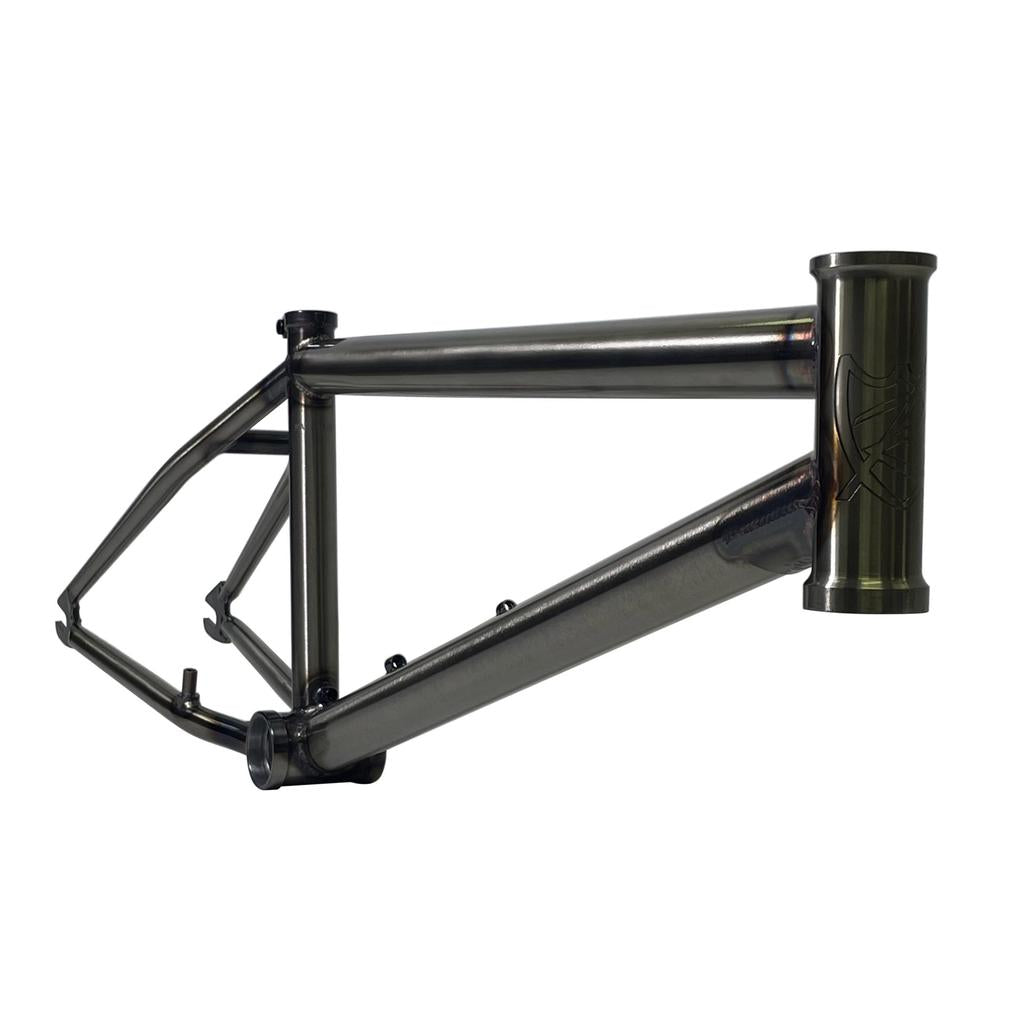 Glossy metal S&M Rambler Thru N Thru Frame (Nathan Halahan), ideal for dirt jump bike fans, displayed against a plain white background.