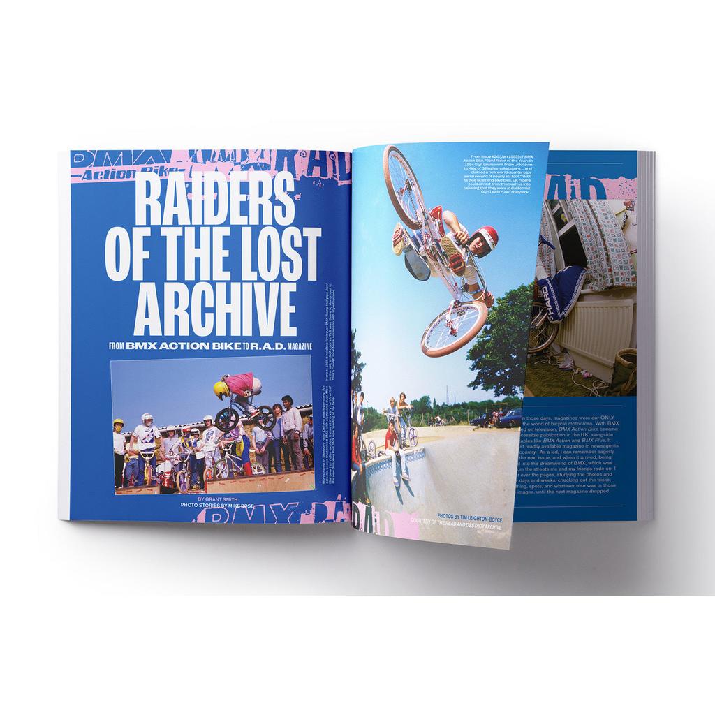 An open Greystoke Magazine V2 shows a BMX-themed spread titled "Raiders of the Lost Archive" with photos of vintage BMX riders performing tricks and gathering together.