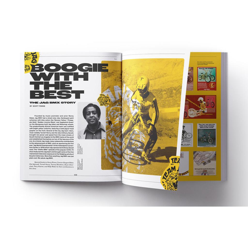 Magazine spread from Greystoke Magazine V2 featuring "Boogie With The Best: The JAG BMX Story"—classic black-and-white and yellow graphics, a portrait, dynamic BMX lifers in action photos, and standout true BMX magazine style.