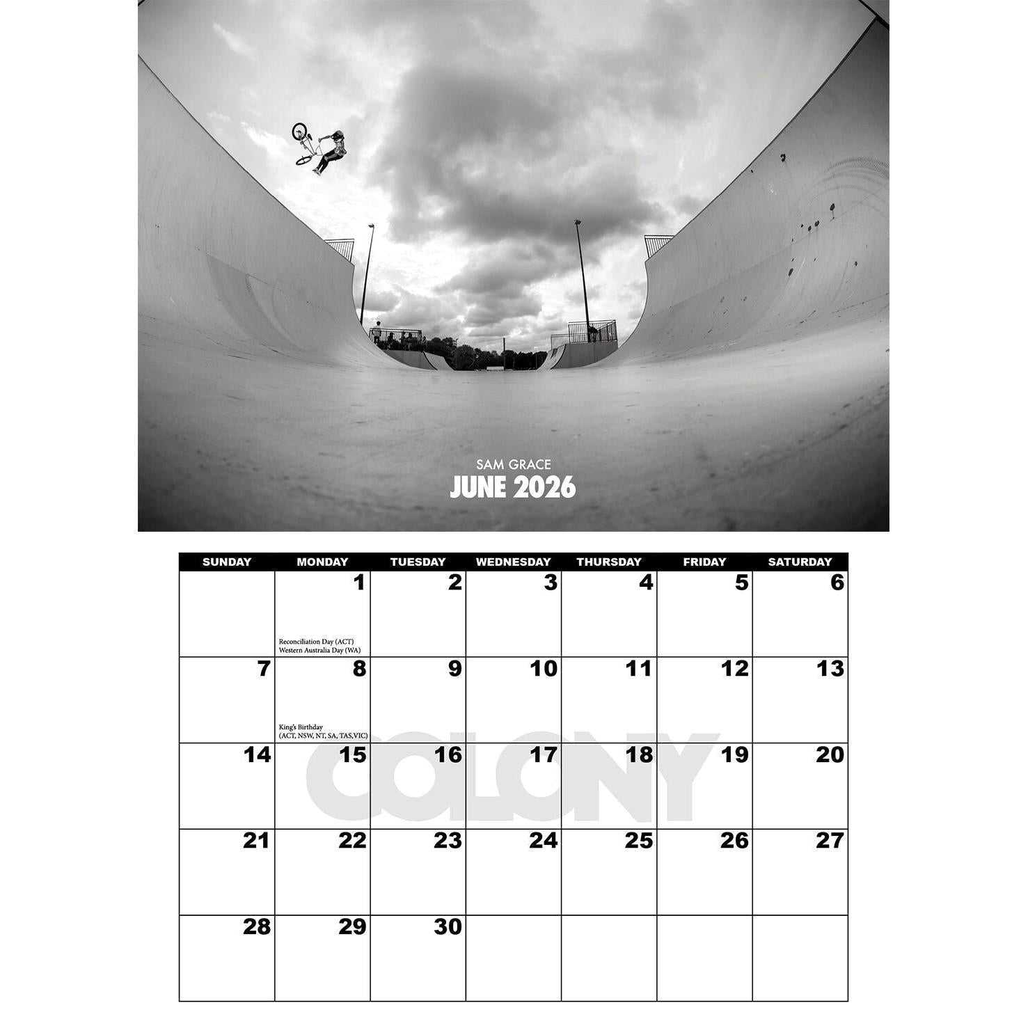 A BMX rider from the LUX boys jumps over a skate bowl under cloudy skies as the Colony 2026 Calendar highlights events on June 4 and June 6.