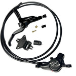 Salvo Post Mount Disk Brake Kit with lever, hose, caliper, mounting bracket, and small hardware parts arranged on a white background—ideal for dependable BMX racing performance.