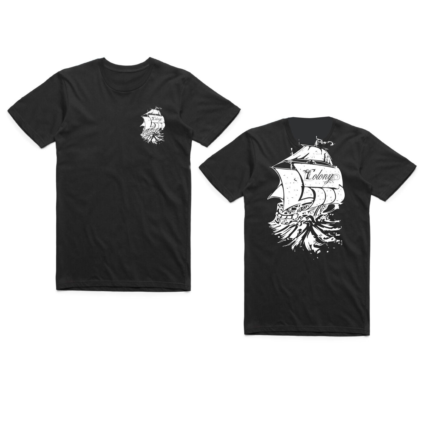 The Colony Endeavour T-Shirt showcases a white ship graphic on the back and a smaller version on the front left chest, with “Colony” on the sail—a bold Australian BMX apparel choice for any rider.