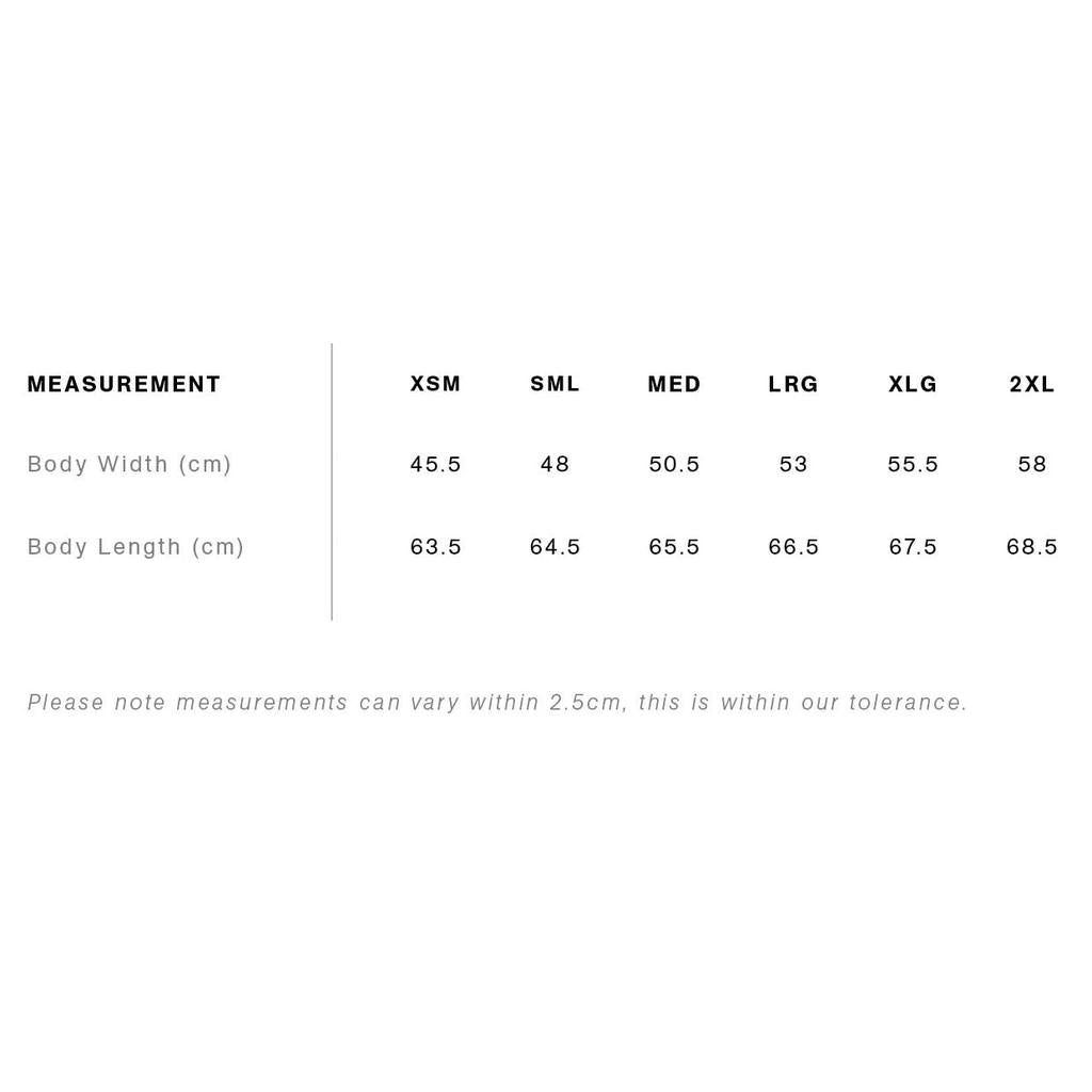 Size chart for the Colony Momentum Women’s V-Neck T-Shirt: widths 45.5–58 cm, lengths 63.5–68.5 cm (XS–2XL). Allow up to 2.5 cm variance in sizing due to the manufacturing process.