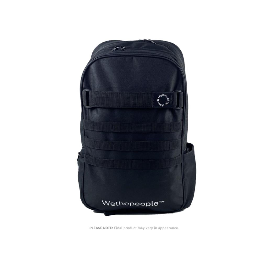 Wethepeople Global Backpack in black features MOLLE webbing, a front zippered pocket, side pocket, laptop compartment, "Wethepeople™" logo at the bottom front, and a circular logo on the upper right.