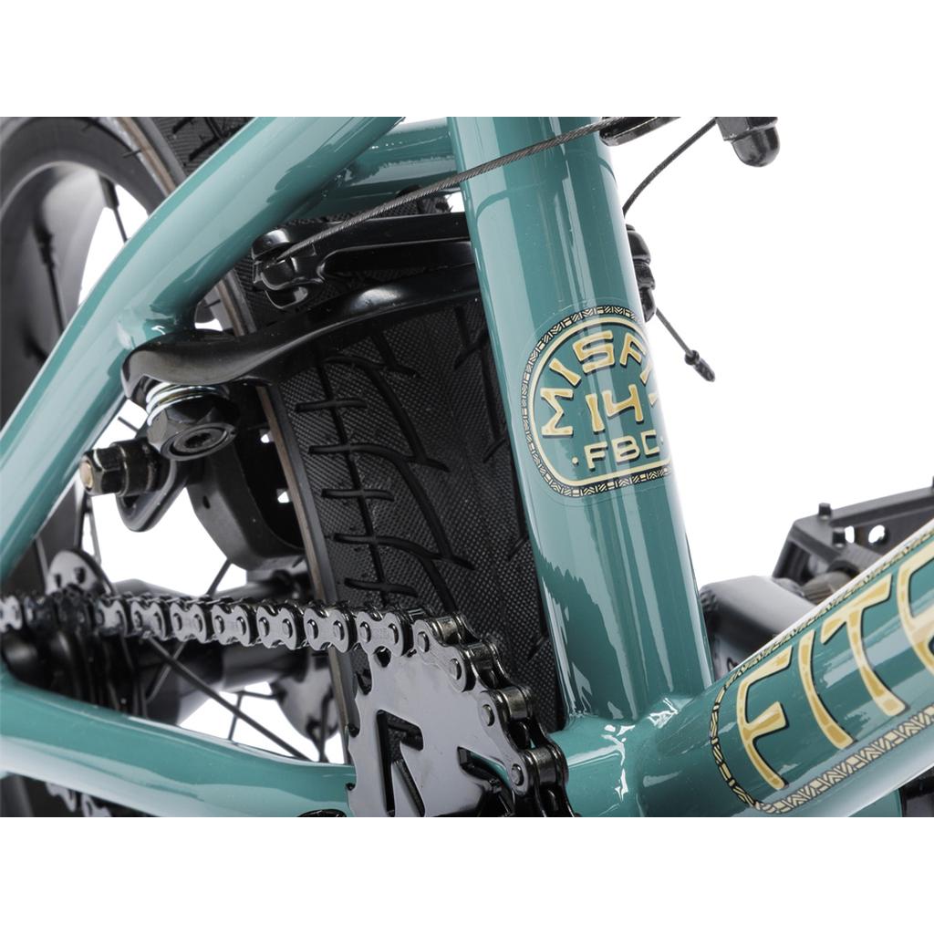 Close-up of the Fit Bike Co Misfit 14 Inch Bike frame and rear wheel, showcasing the chain, gear mechanism, and decals—great details for youth BMX riders or fans of Fit Bike Co’s Misfit models.