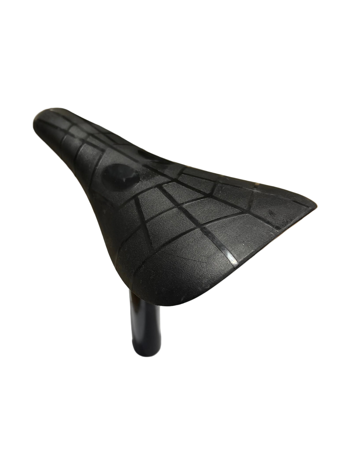 OEM Race Seat Post Combo in black, featuring a lightweight, low-profile bicycle seat with a geometric pattern, mounted on the seat post and photographed against a white background.