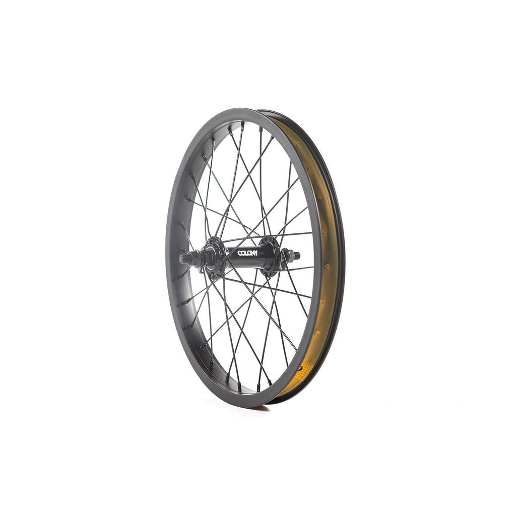 The Colony Horizon 16 Inch Front Wheel is a black BMX wheel featuring spokes, a "Colony" branded hub, and a reflective strip on the rim, shown standing upright against a white background.