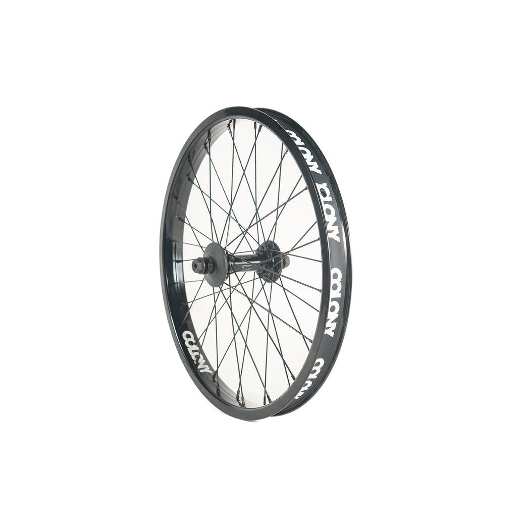 The Colony Contour X Wasp 20 Inch Front Wheel is a black BMX wheel with thick spokes, “COLONY” in white on the rim, and features a Wasp Front Hub for smooth rides.
