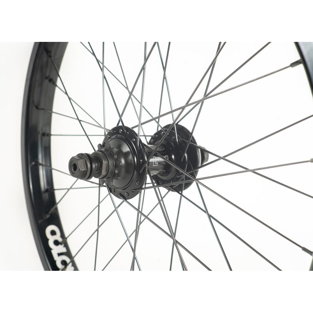 Close-up view of a Colony Contour X Wasp 20 Inch Rear Wheel, showing the hub, spokes, axle, and rim against a white background.