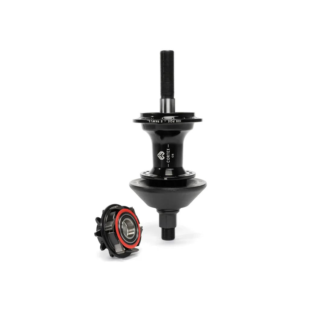 The Eclat Cortex EVO CS Rear Cassette Hub is shown on a white background with its high-engagement freehub body attachment placed beside it.