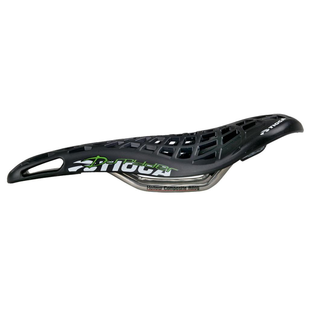 The Tioga D-Spyder Chromoly Railed Seat is a black bicycle saddle featuring a lattice design, green and white Tioga D-Spyder branding, and exposed rails labeled “Hollow Composite Alloy,” providing the lightweight advantages that many cyclists prefer over conventional chromoly rail seats.