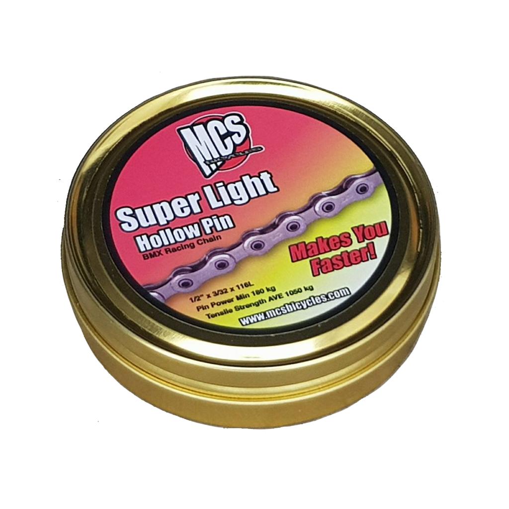 Round gold tin labeled “MCS Superlight Chain (1/2 x 3/32 Inch)” features a purple chain graphic and the words “Makes You Faster!”—ideal for riders seeking a lightweight bike chain for top BMX performance.
