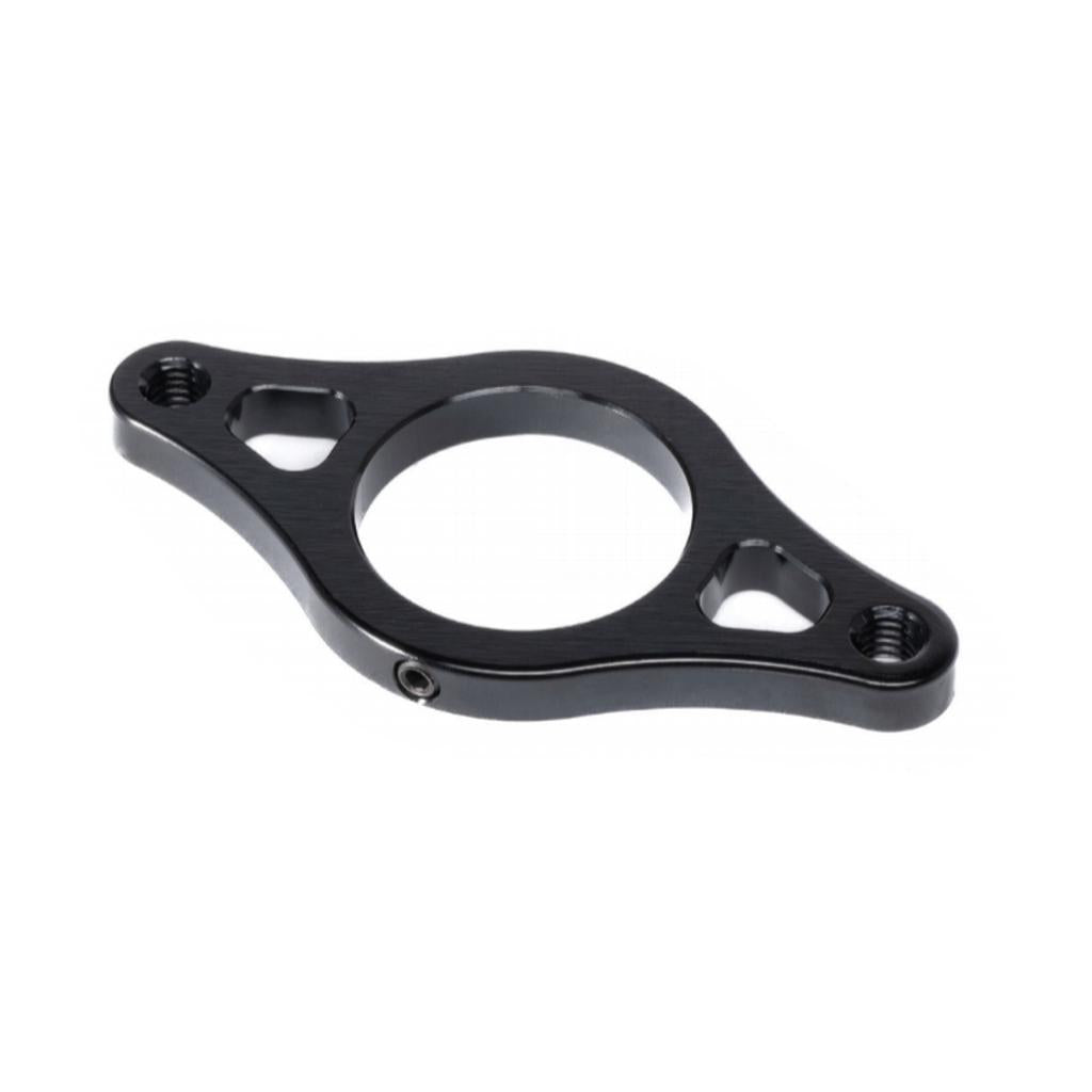 The Eclat Gyro Rotor Plate is a black CNC-machined alloy bracket featuring a central circular opening, two threaded holes, and two triangular cutouts on each side. Shown photographed on a white background.