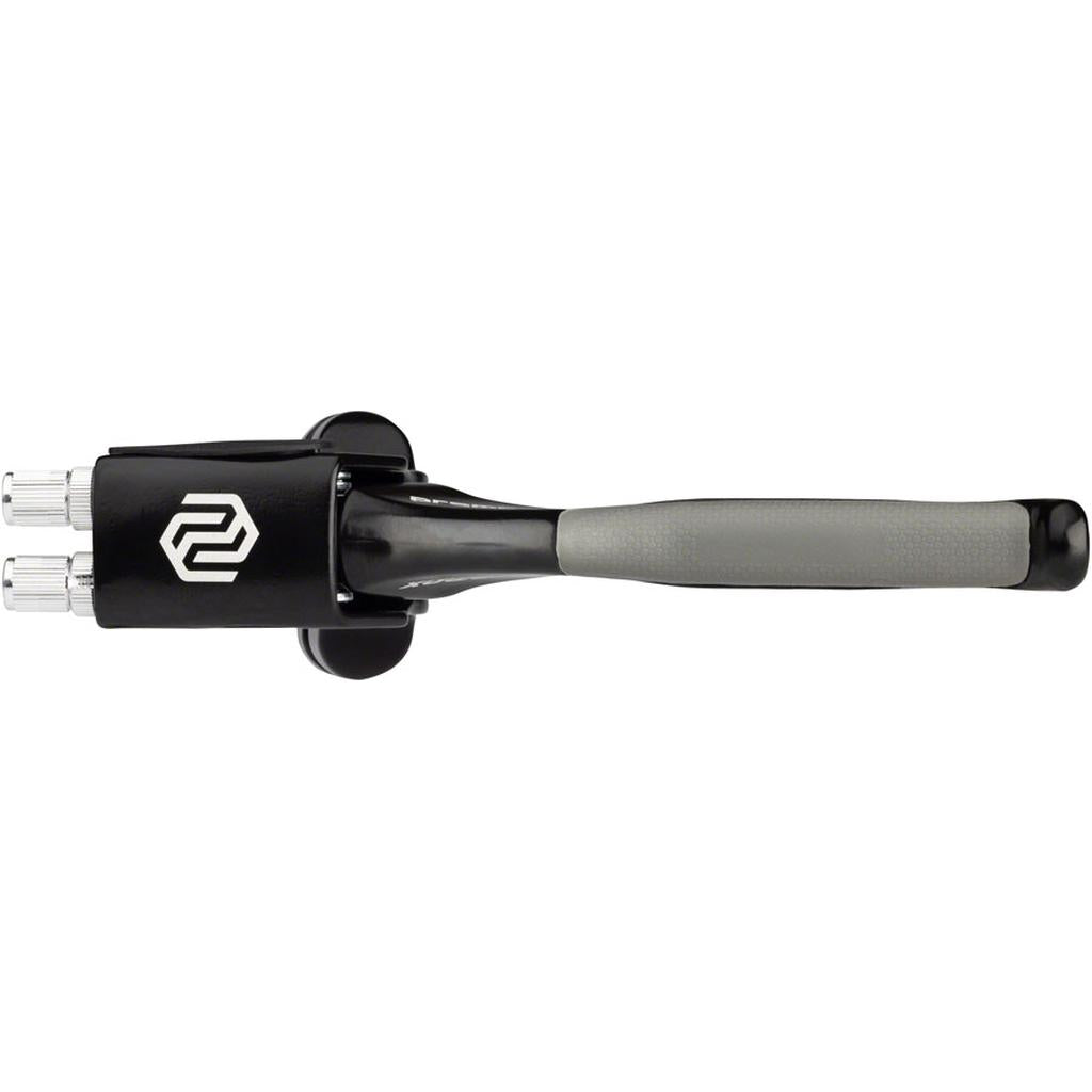 The Promax BL-47 V Brake Lever, shown in black and gray with a side logo, features twin nozzles and routing space for two brake cables for linear pull brakes, displayed against a white background.