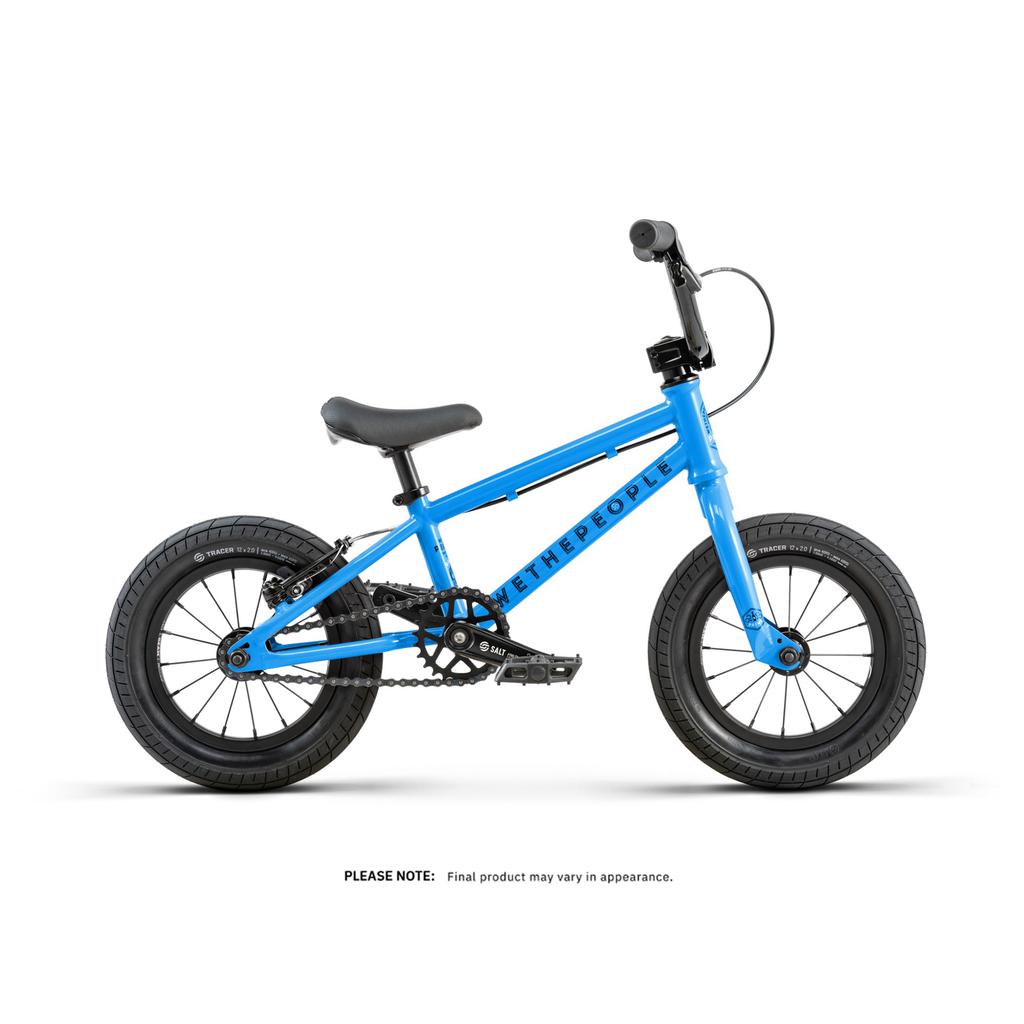 The Wethepeople Prime Drive 12 Inch Bike, shown in side profile on a white background, is a small blue kids' bike with black tires, pedals, and handlebars—ideal as a lightweight option for young riders.