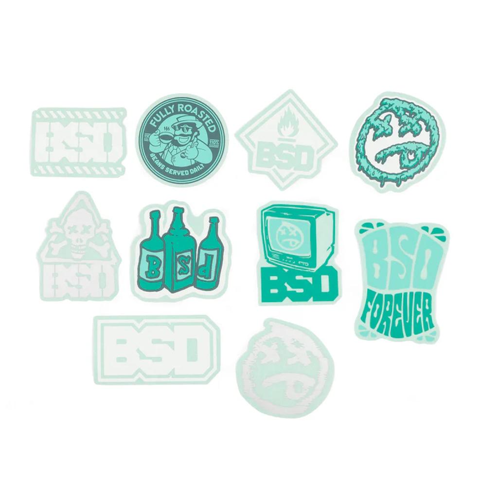 The BSD Assorted Sticker Pack (10 Piece) includes teal and white vinyl stickers with logos, bottles, a TV, and various BSD-themed designs.