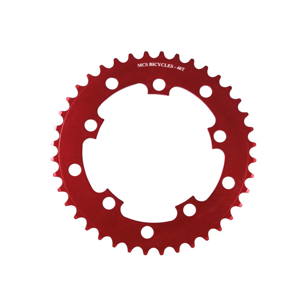 The MCS 110BCD 5 Bolt Chainring is a red, circular 40-tooth CNC machined chainring with multiple bolt holes and "MCS BICYCLES - 40T" text at the top, ideal for BMX racing.