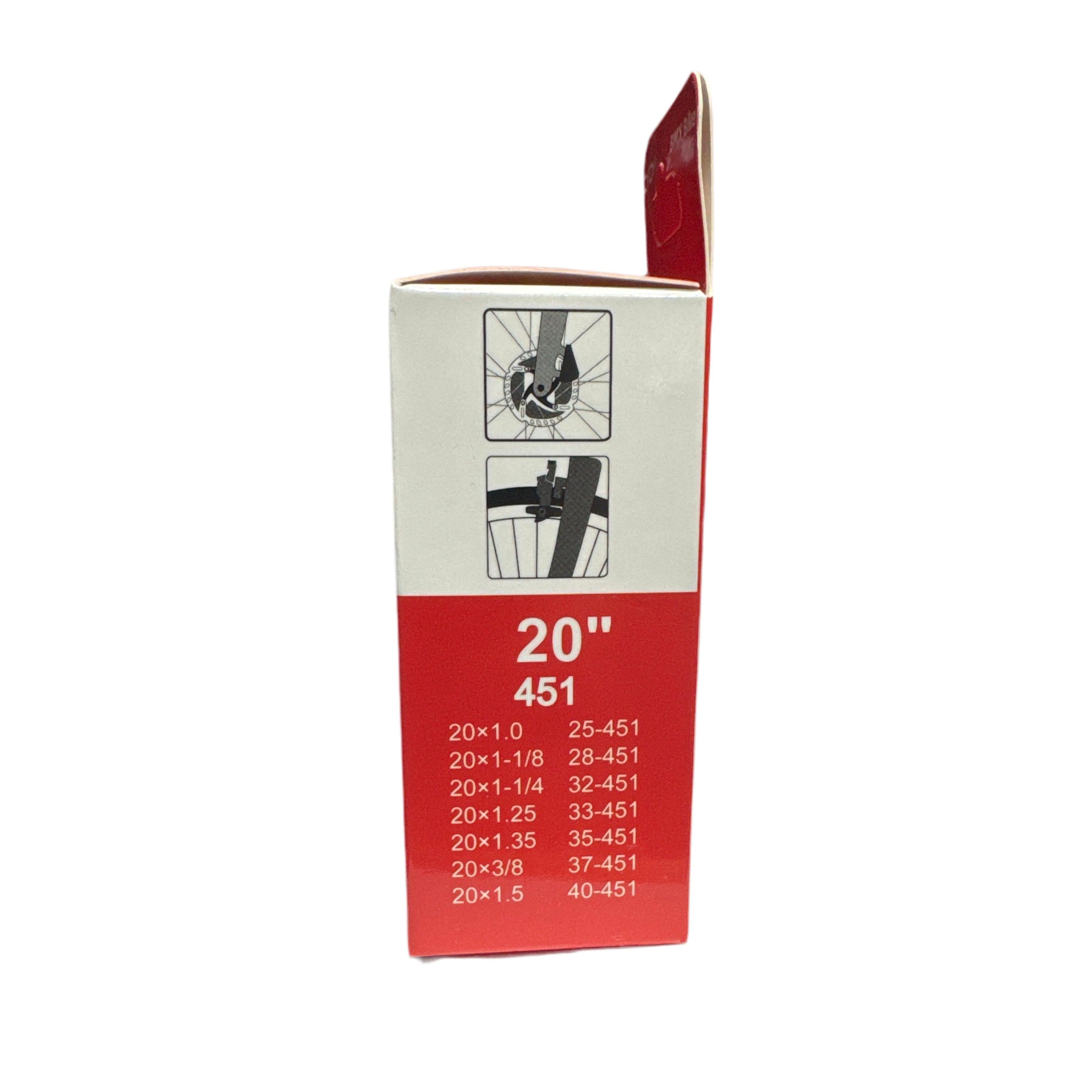 A red and white box labeled "CYDY TPU 20 Inch Presta Inner Tube" holds an ultra-light tube with compatible tire sizes on the side—ideal for those seeking TPU tubes for their 20-inch bike.