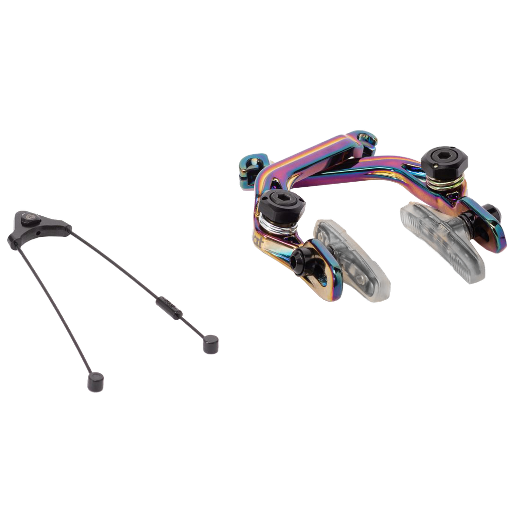 Two sets of Eclat The Unit Brake with a forged alloy construction and a multicolored finish, one pair featuring wheels, displayed on a white background.