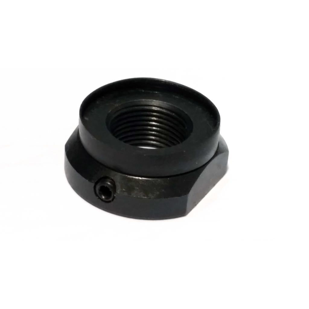 The ECLAT Blind Lock Nut is a black metal nut with an internal thread and a small side screw, perfect as a replacement drive side lock nut. Shown here on a white background.