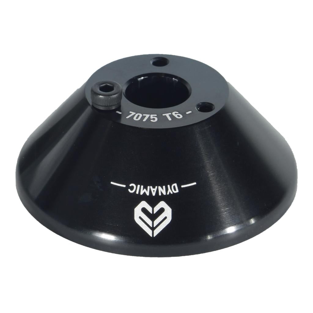 Black, conical aluminum Eclat Pulse/Dynamic V1 Hub Guard labeled "DYNAMIC" and "7075 T6," designed with a central hole for a 14 mm bearing and small screw, shown on a white background.