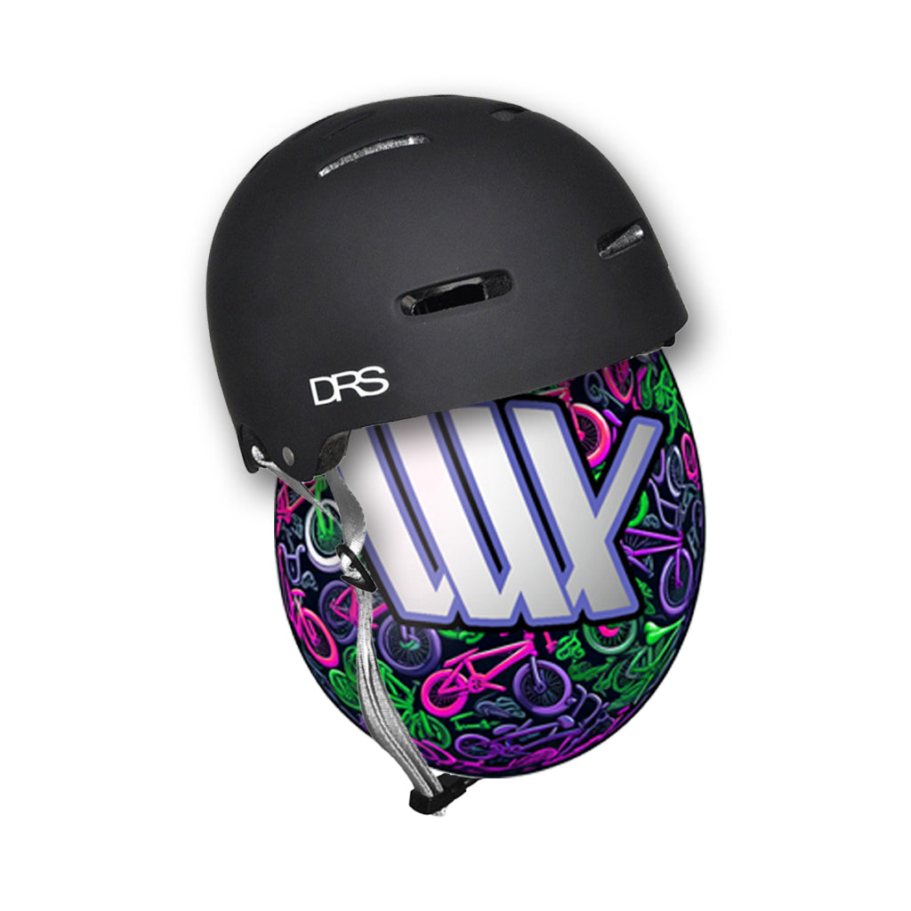A black DRS Helmet Flat Black with a colorful patterned visor, approved by Australian Standards.