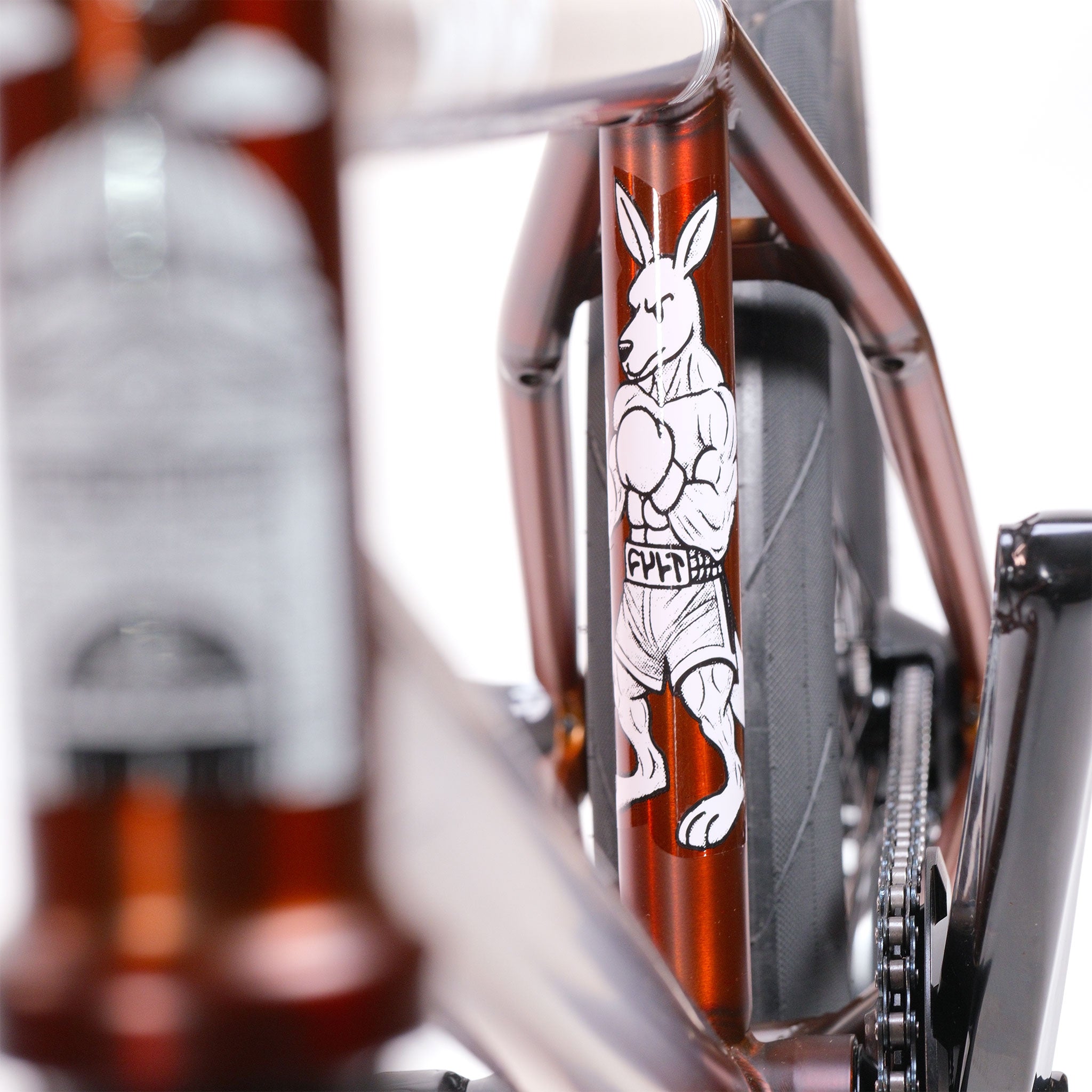 Close-up of a Cult Dak X Eclat Custom 'Pat Freyne Signature' BMX bike, showcasing a sticker of a muscular kangaroo in boxing gloves and shorts, with chain and gears partially visible.