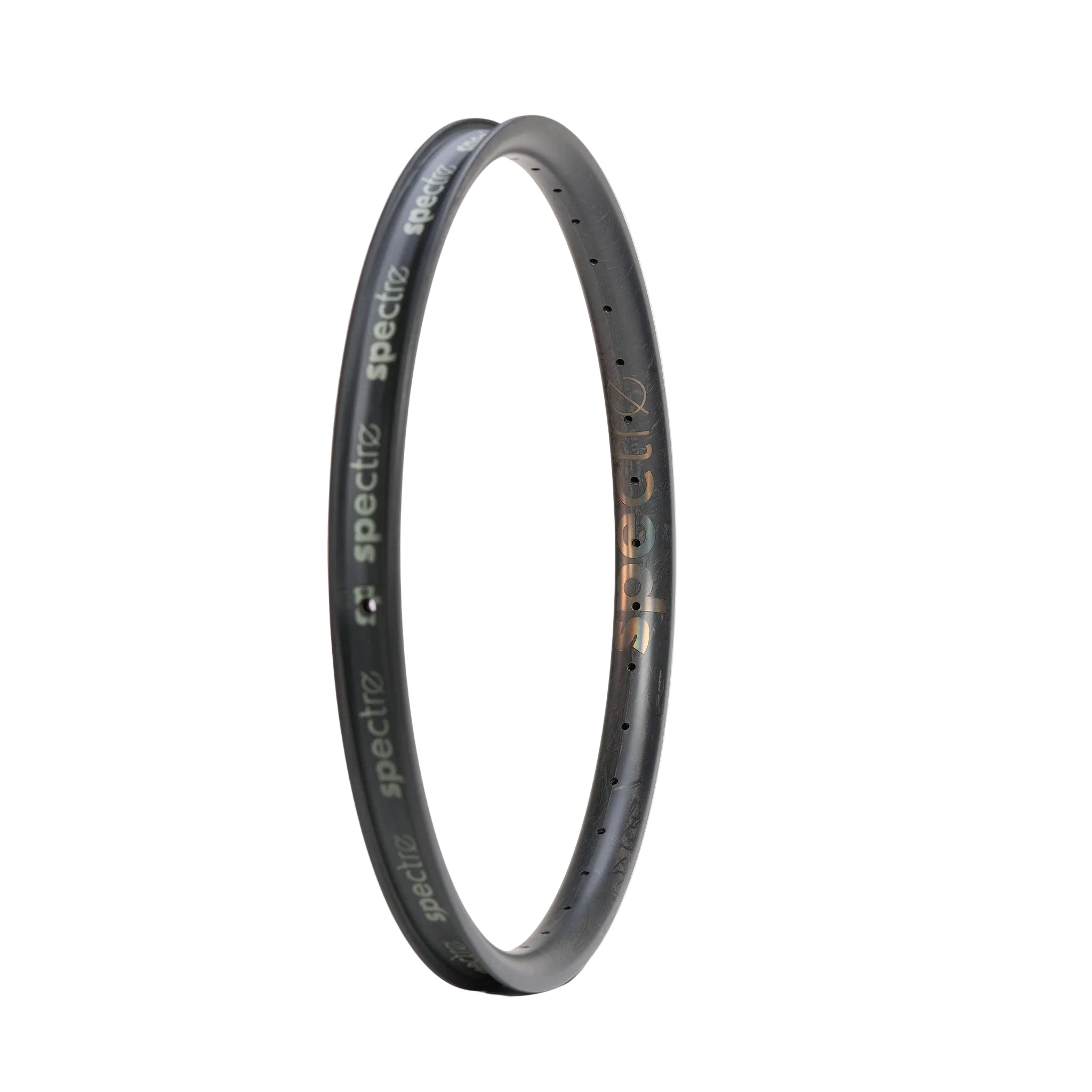 A single Spectre V3 Lite Carbon Fiber 20 Inch 36H Brakeless Rim in black stands upright against a plain white background. Crafted from premium Toray T800 carbon fiber, this lightweight rim features multiple spoke holes along its edge and is distinctly labeled "spectre.