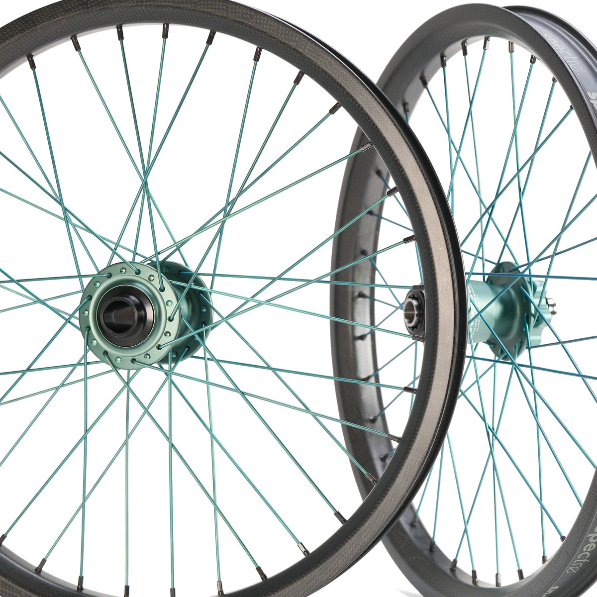 Chris King X Spectre NME Custom 20inch Wheel Set featuring two 20-inch carbon rims with teal spokes and matching teal hubs.
