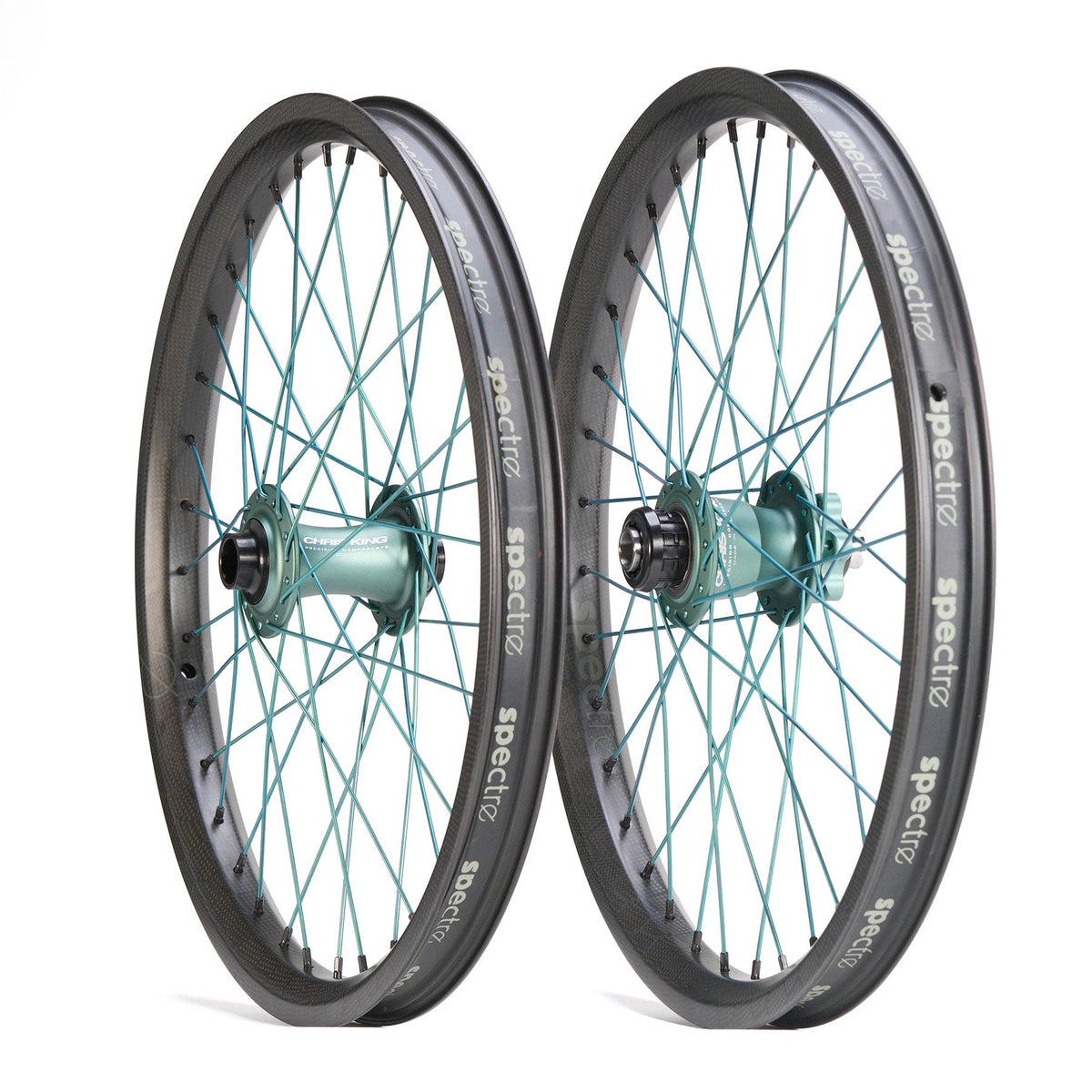 Chris King X Spectre NME Custom 20inch Wheel Set featuring two 20-inch BMX race wheels with dark carbon rims, white branding, and teal spokes connected to central teal hubs.