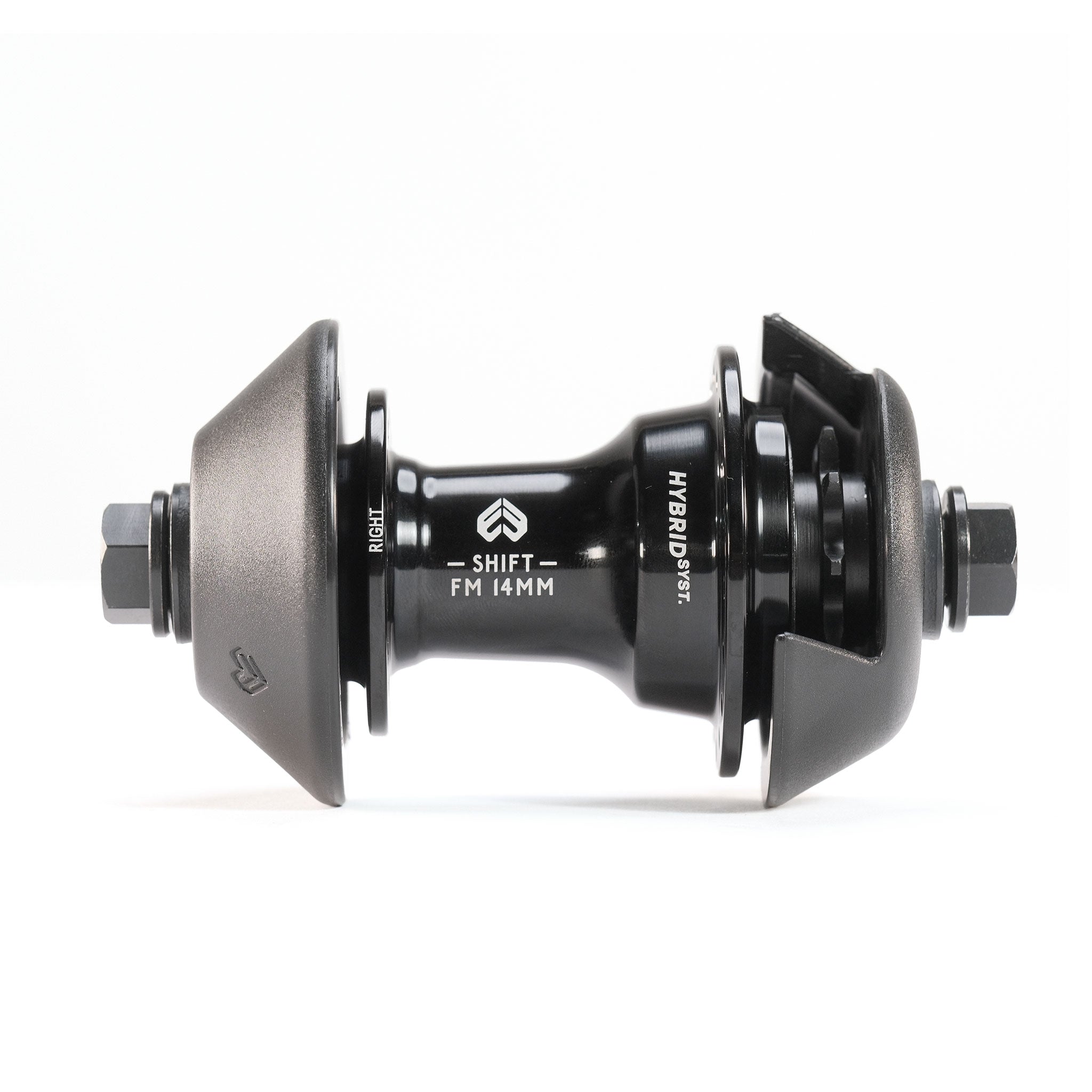 A black and metallic Eclat Shift FM14 Hybrid Hub is shown on a white background, featuring a 14mm female bolt hybrid hub design.