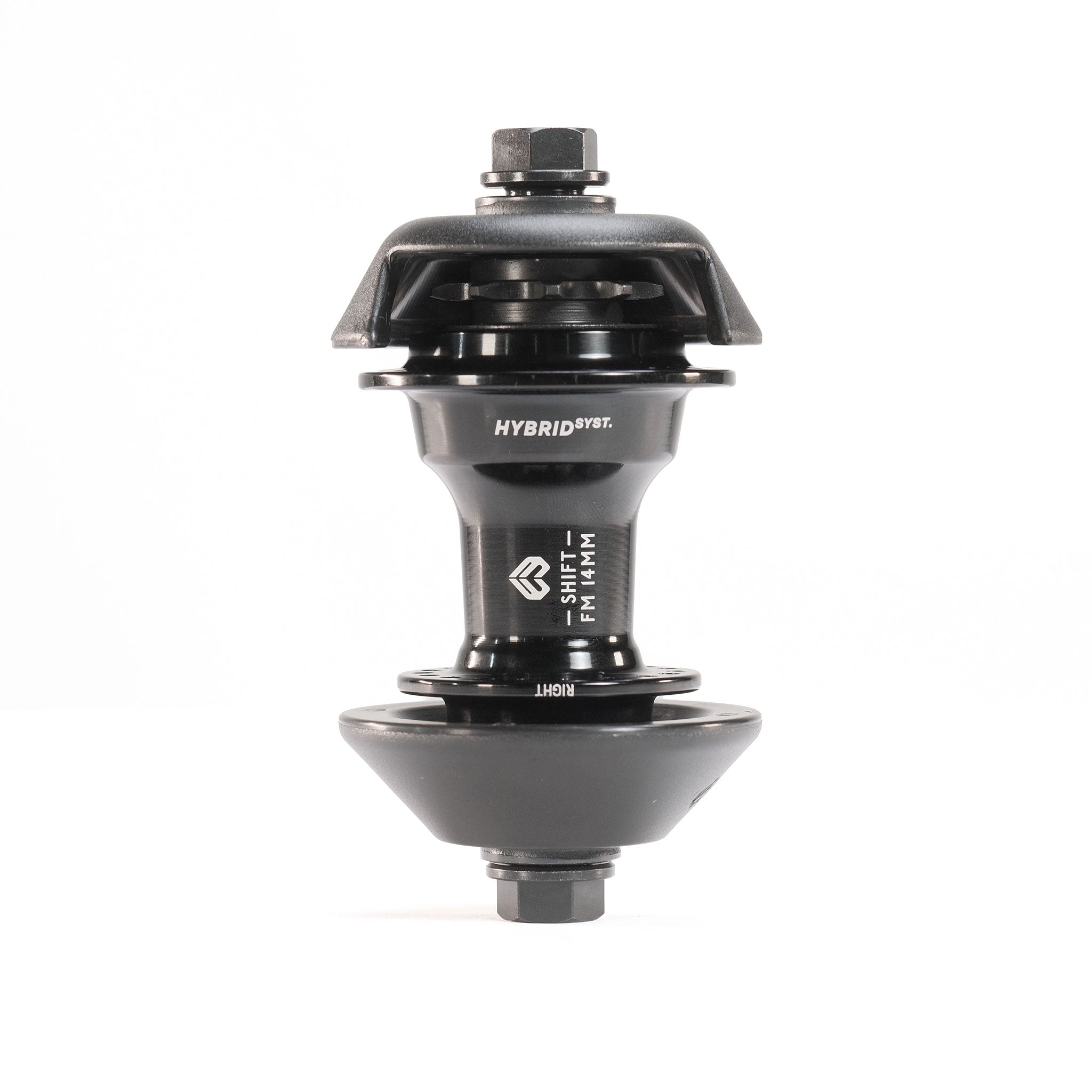 A black Eclat Shift FM14 Hybrid Hub, labeled "HYBRID," with nuts and flanges, stands upright on a white background. This 14mm female bolt hybrid hub combines freecoaster and cassette features for versatile BMX riding.