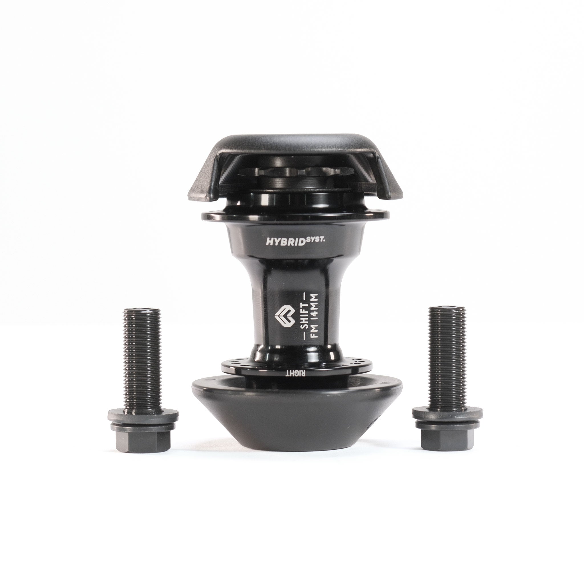 The Eclat Shift FM14 Hybrid Hub features a 14mm female bolt design with "HYBRID SYSTEM" text and includes two bolts, all shown against a white background.