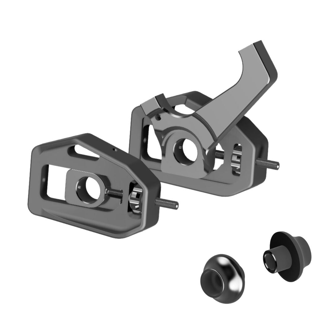 A set of metallic components—brackets, lever, screws, and two round parts—ideal for assembling or maintaining an Inspyre 2026 Concorde V3 Cruiser Pro XL Frame, displayed on a white background.