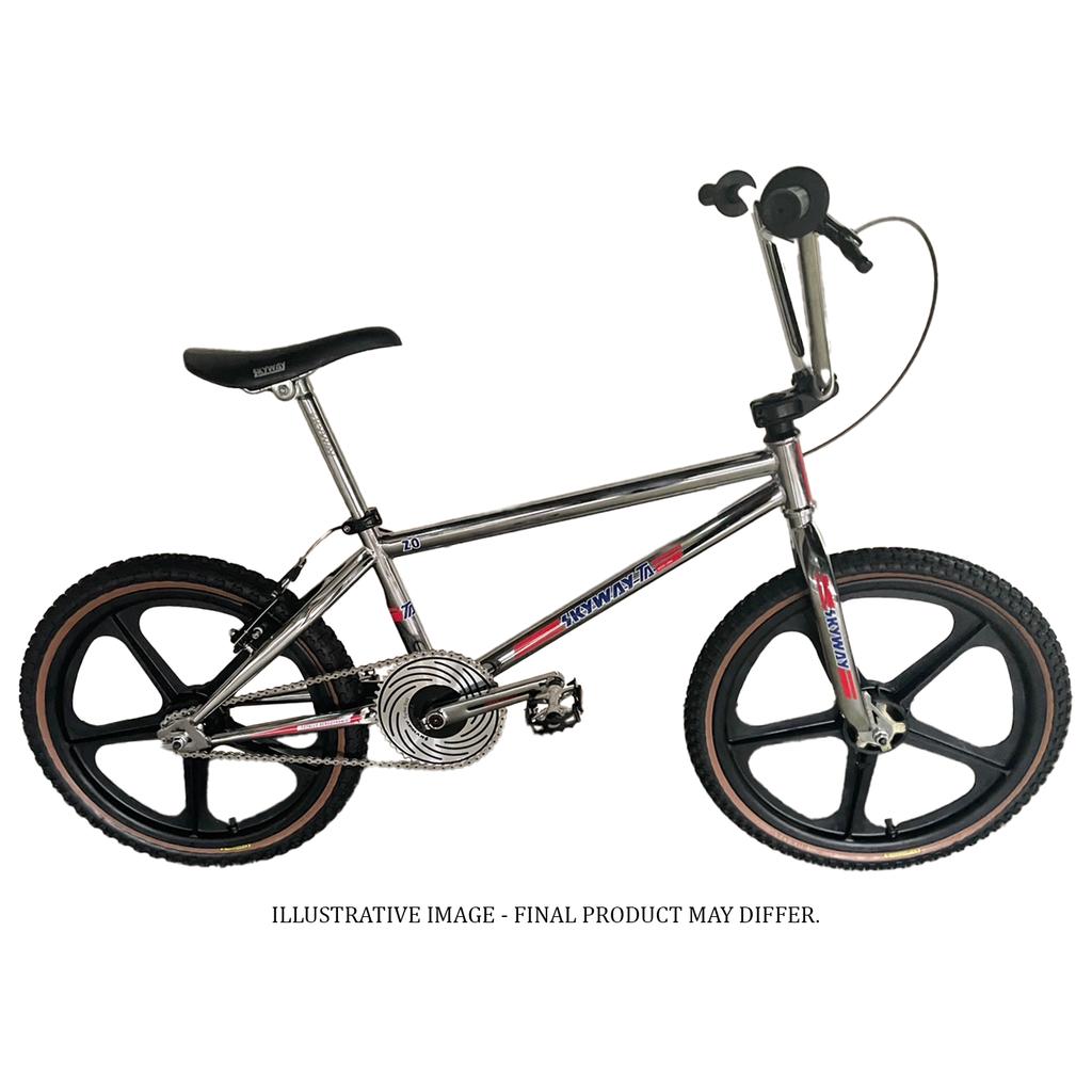 The Skyway TA 20 EX Replica 20 Inch Bike (2026) is pictured with chrome finish, Tuff Wheel II black mag wheels, chain guard, and handlebar grips. Note: Final product appearance may vary from image shown.