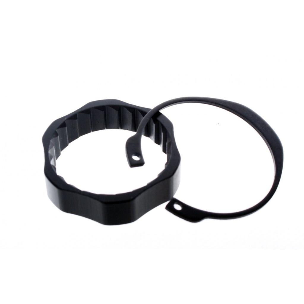 The Eclat Pulse V2 Spline Ring & C Clip includes a black plastic circular tool with a grooved interior and a thin metal lock ring, ideal for 36mm Pulse Cassette SDS hubs or as a replacement hub accessory.