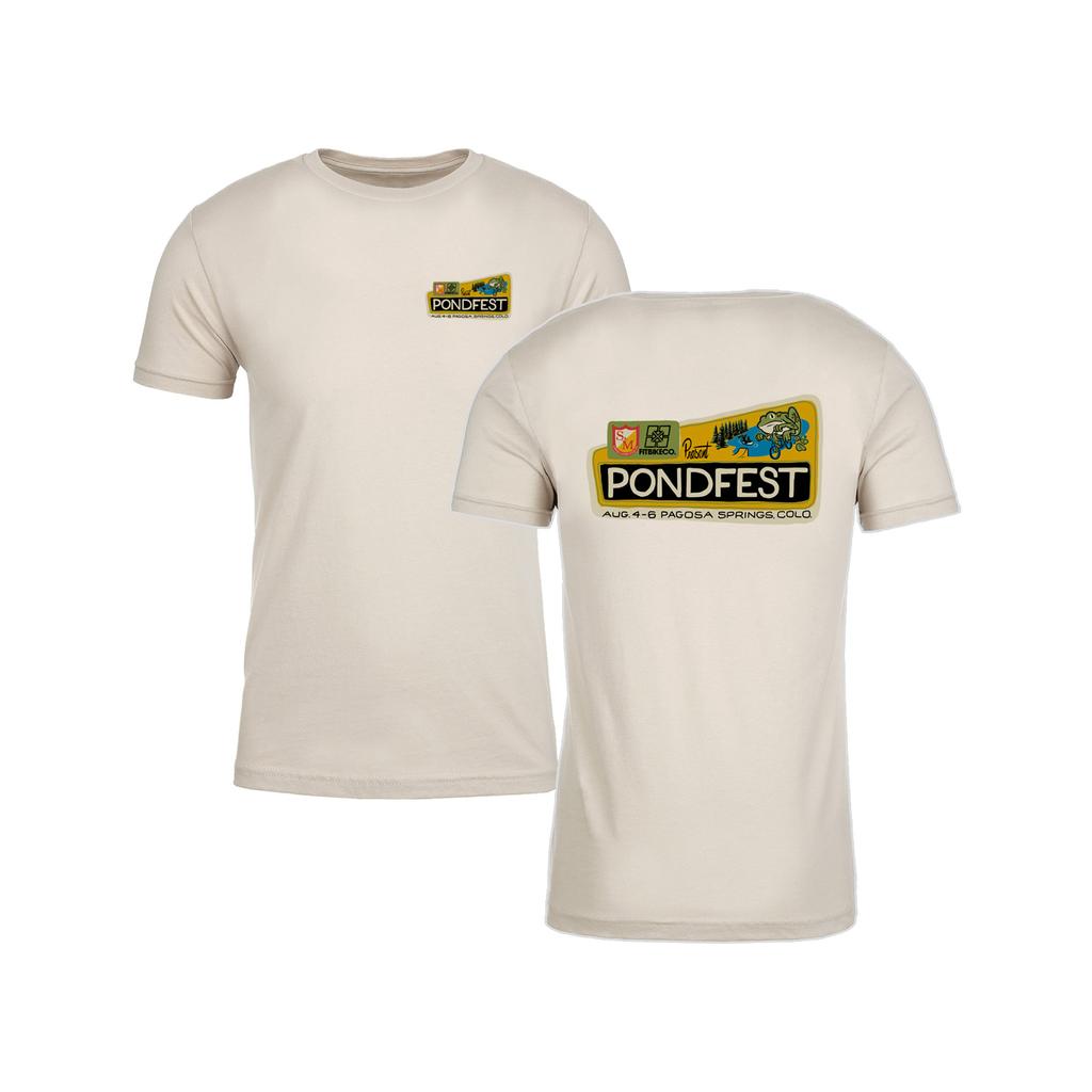 Two cream-colored S&M Pondfest Sign T-Shirts featuring a small front logo and large BMX event graphic with dates and location on the back, all printed in the USA.