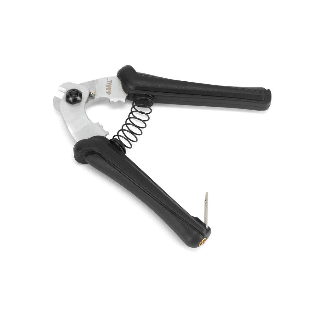 The 6MIL CC-01 Cable Cutter features black handles, industrial steel construction, a metal spring, and an integrated nail file attached to one handle.