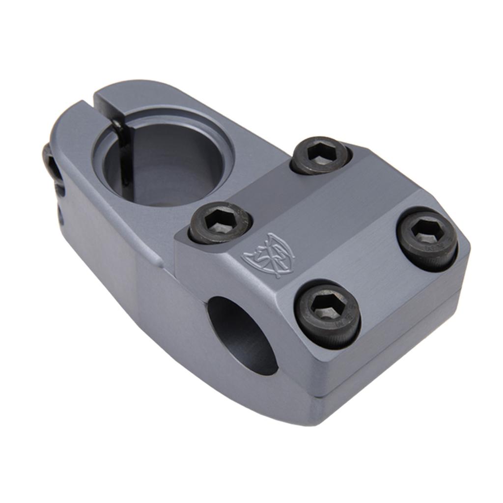 The S&M Enduro V2 Stem features a matte gray finish, four black hex bolts on the front, and an engraved logo on the top surface.