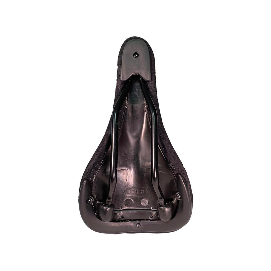 Underside view of the S&M Shield Kevlar Railed Seat in black, featuring cro-mo rails with visible seat rails and attachment points.