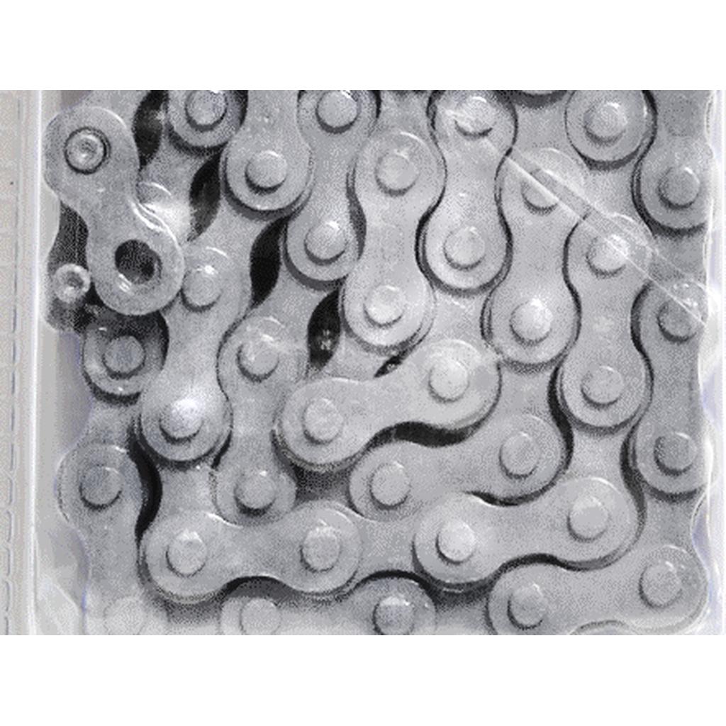 A close-up of the Taya 410B Chain (1/8 Inch) in packaging, highlighting its metallic interconnected links and robust rivets with high tensile strength under a clear plastic cover.