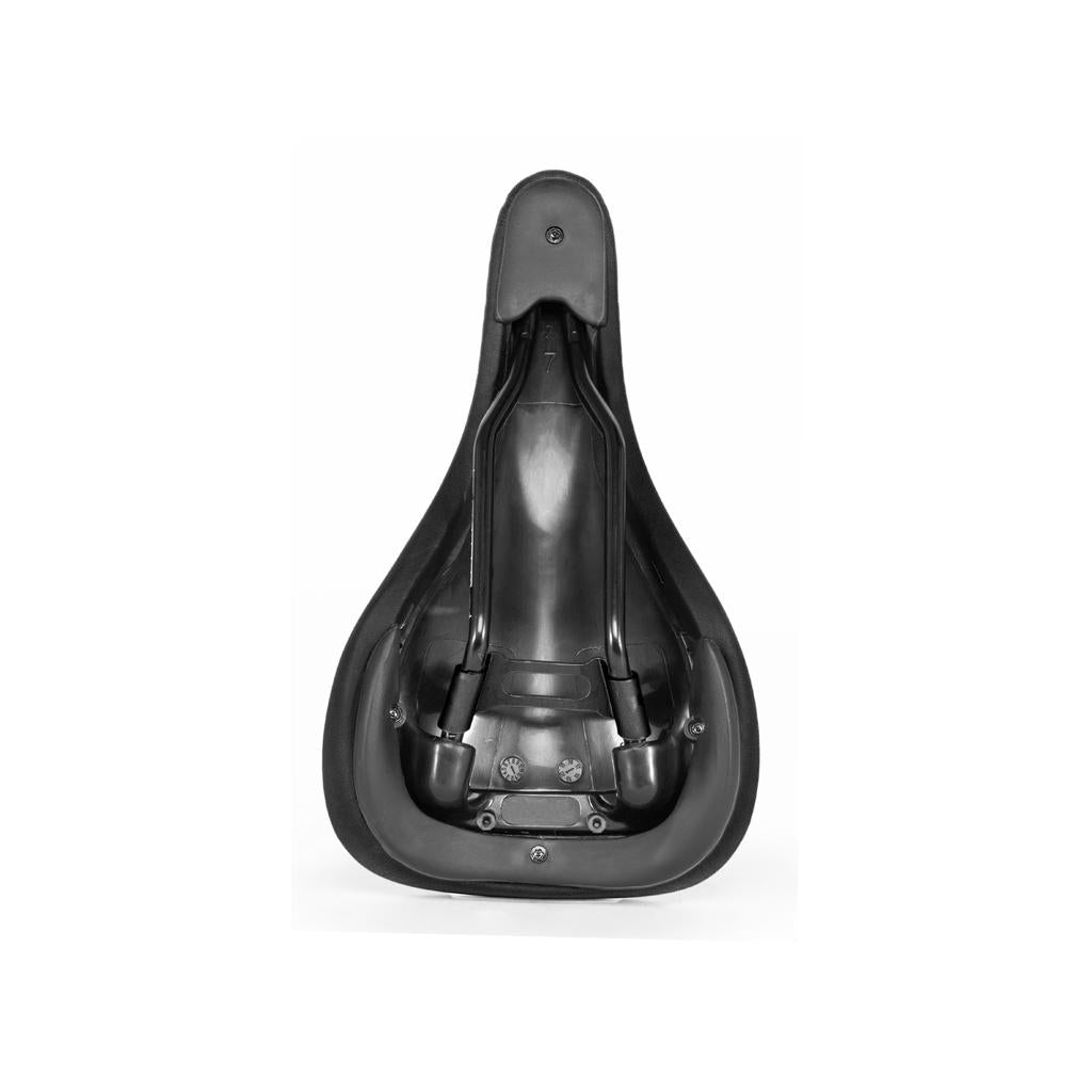 The Eclat Exile Railed Seat is shown from the underside, displaying its black hollow CrMo rails and mounting hardware against a plain white background.