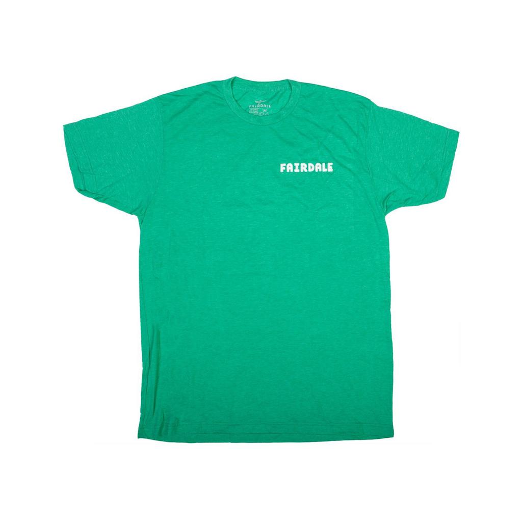 A green Fairdale Jolly Roger T-Shirt featuring "FAIRDALE" in white on the left chest—a classic choice for fans of fun tees.