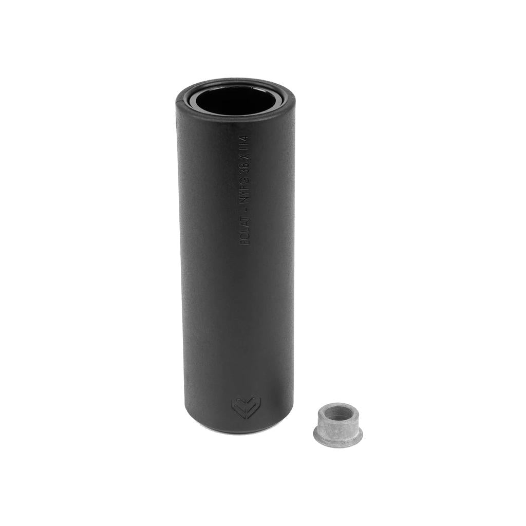 A black cylindrical Eclat Venom XLT Peg (Each) / 4.8 Inch stands upright beside a small metal bushing on a white background, both featuring a durable 7075-T6 alloy construction and an engraved label.